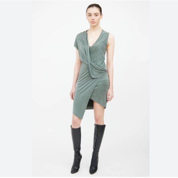 Helmut Lang Dress Large Green Draped Faux Wrap Asymmetrical Modern Minimalist - Picture 1 of 13